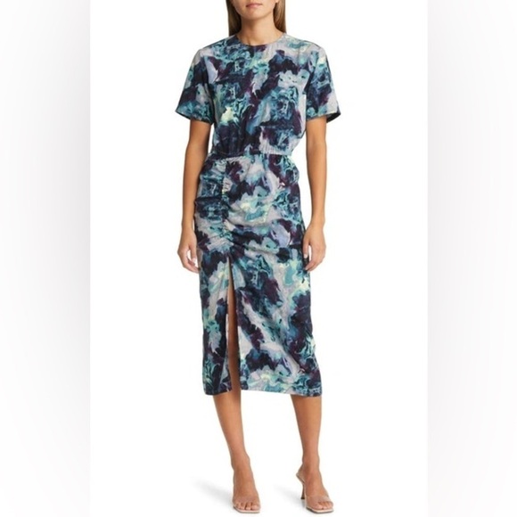 Open Edit Ruched Detail Midi Dress in Grey Blue Tie Dye Swirl Sz S - Picture 1 of 15